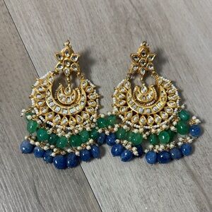 Gold Kundan Chandbali Earrings – Green & Blue Beaded Drops